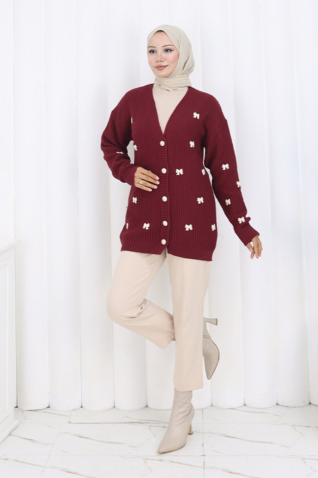 BNG Women Fiyonk Detaylı Triko Hırka N490 Bordo - Beaumont