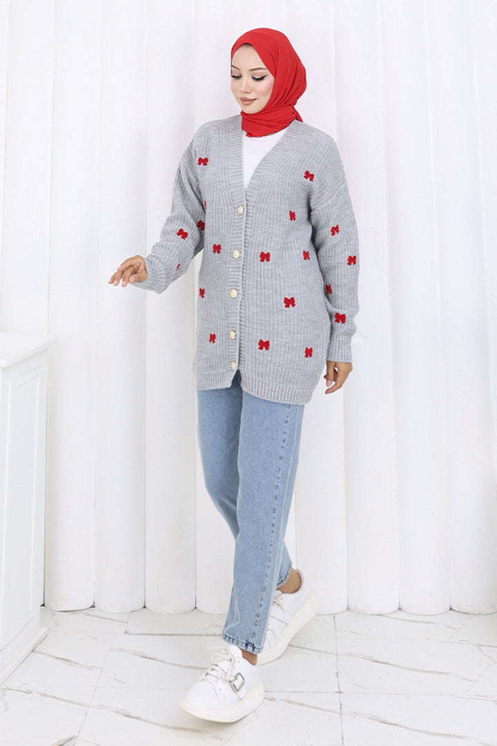 BNG Women Fiyonk Detaylı Triko Hırka N490 Gri - Tourcoing