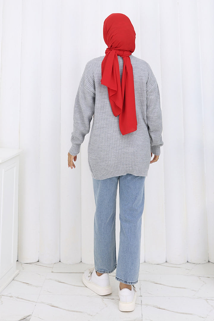 BNG Women Fiyonk Detaylı Triko Hırka N490 Gri - Tourcoing