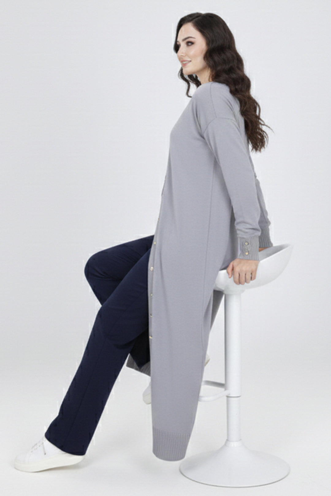 BNG Women Merserize Uzun Hırka N3250 Gri - Grasse