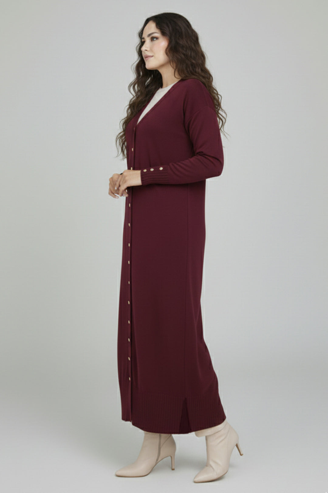 BNG Women Merserize Uzun Hırka N3250 Mürdüm - Greenfield