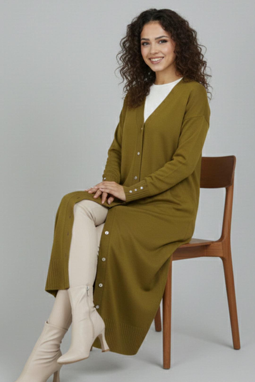 BNG Women Merserize Uzun Hırka N3250 Yağ Yeşili - Lisbon