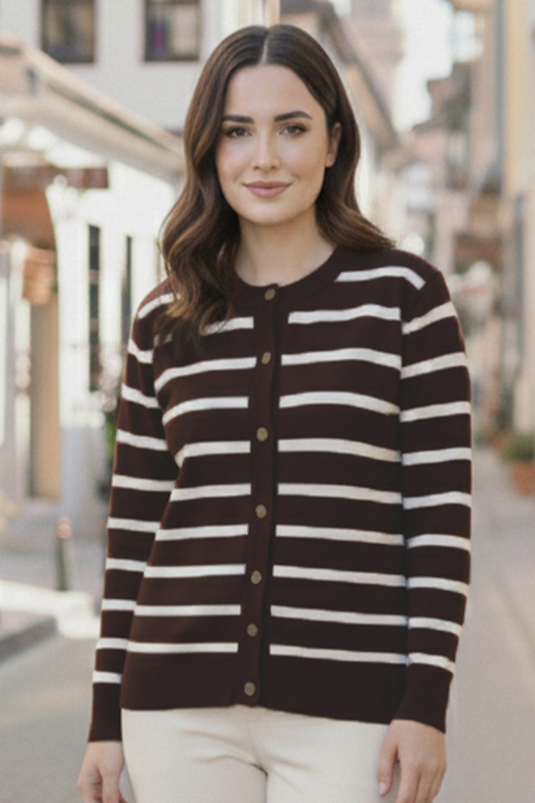 BNG Women Çizgili  Hırka N3294 Kahverengi - Namur