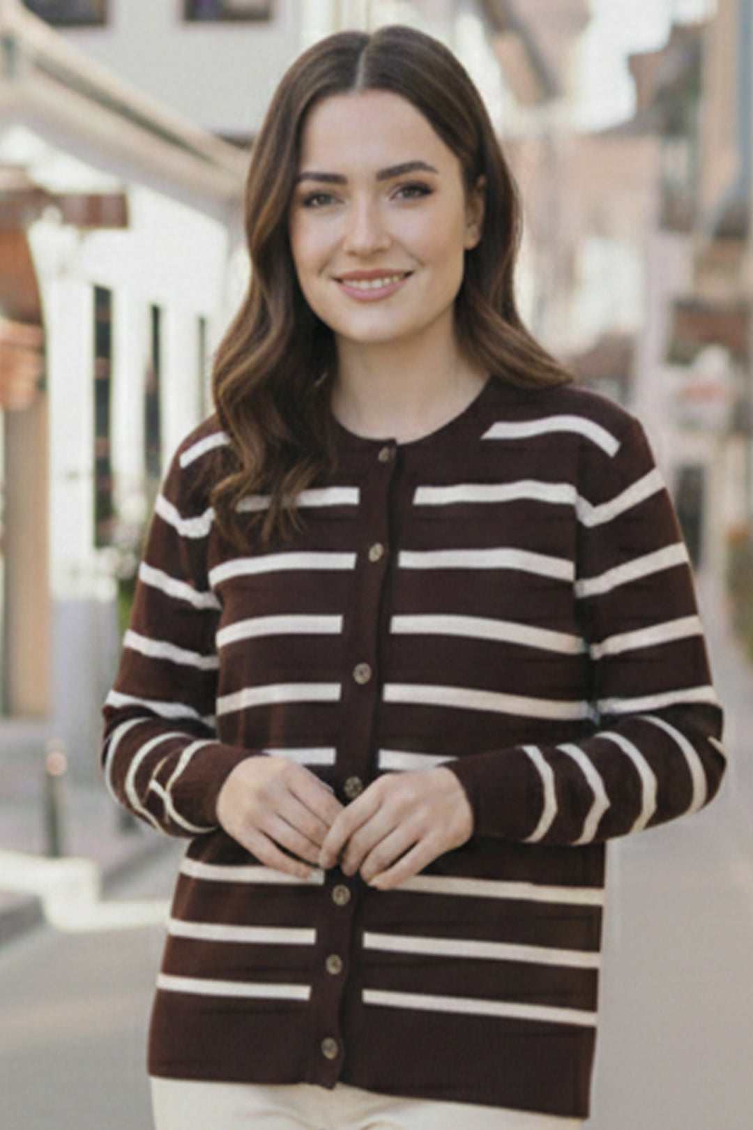 BNG Women Çizgili  Hırka N3294 Kahverengi - Namur