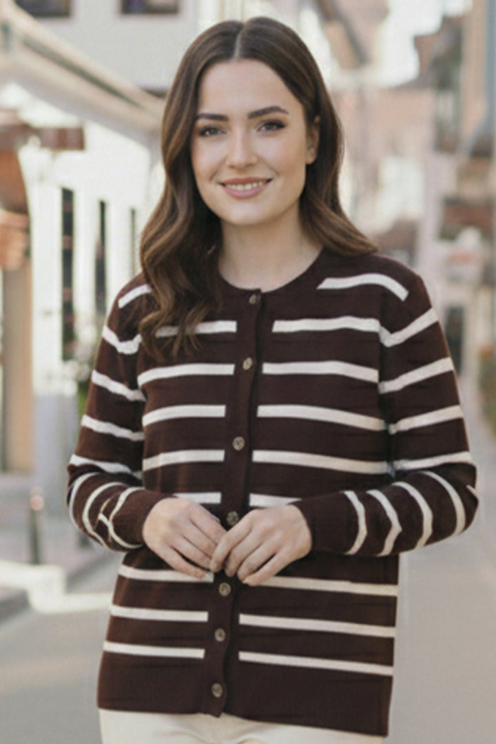 BNG Women Çizgili  Hırka N3294 Kahverengi - Namur