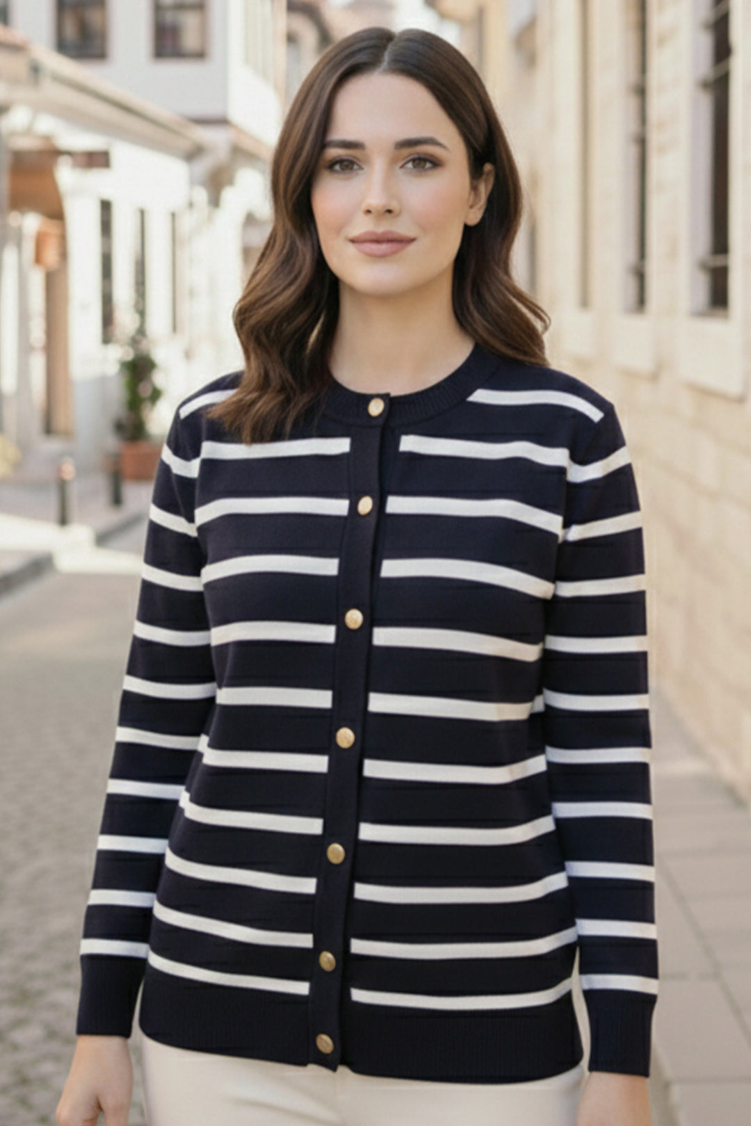 BNG Women Çizgili  Hırka N3294 Lacivert - Longview