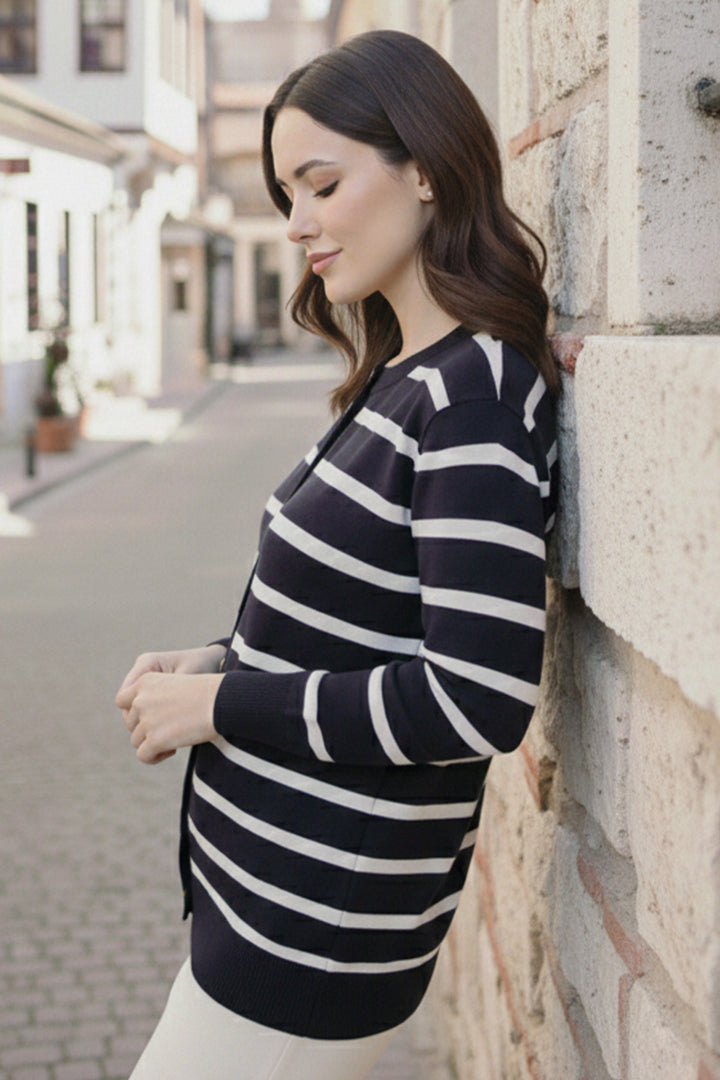 BNG Women Çizgili  Hırka N3294 Lacivert - Longview