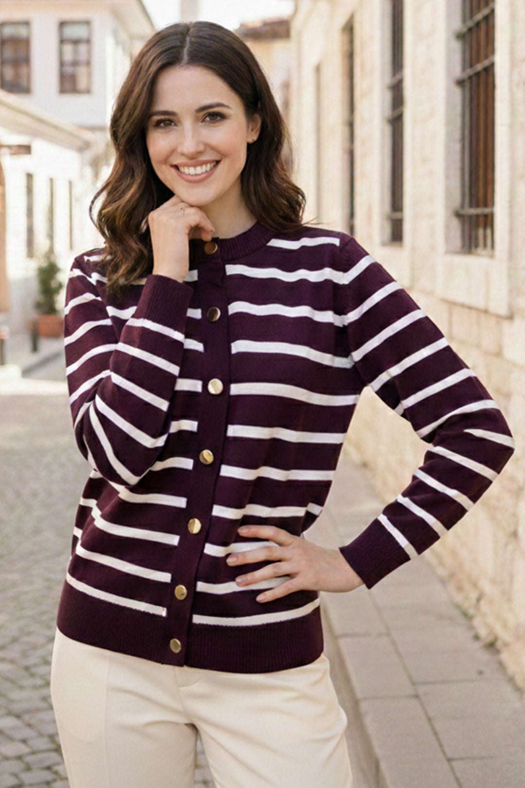 BNG Women Çizgili  Hırka N3294 Mürdüm - Nelson