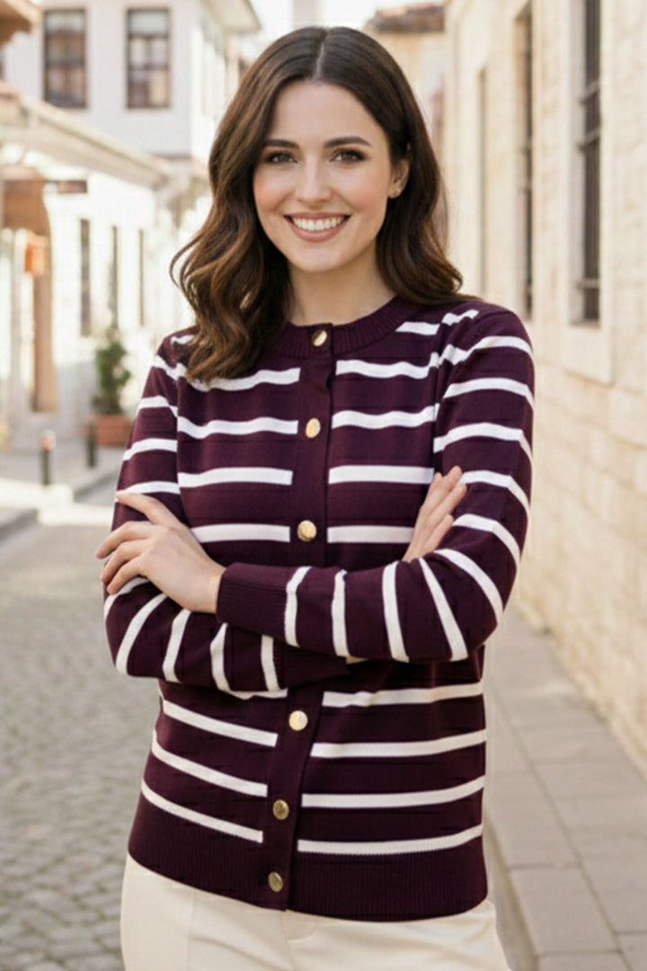 BNG Women Çizgili  Hırka N3294 Mürdüm - Nelson