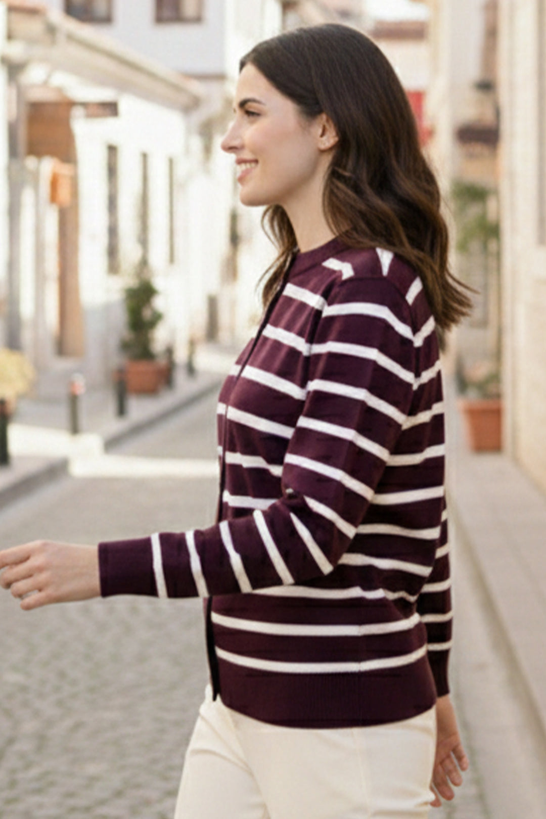 BNG Women Çizgili  Hırka N3294 Mürdüm - Nelson