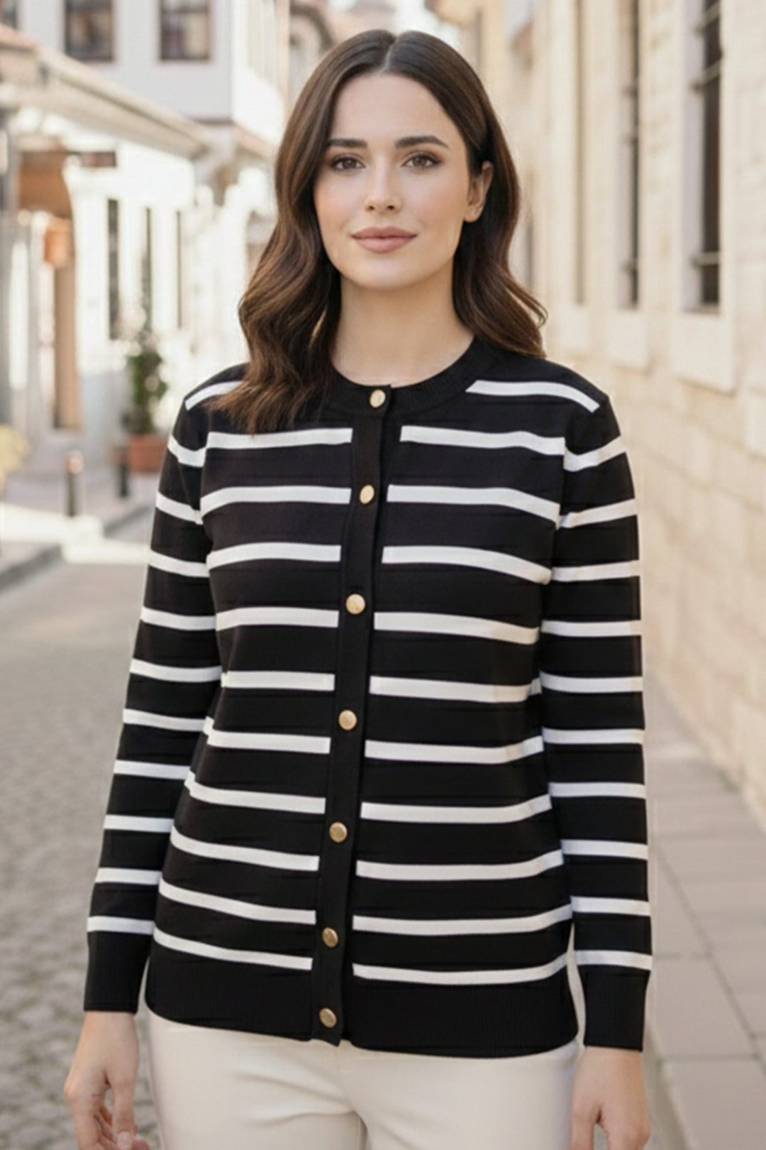 BNG Women Çizgili  Hırka N3294 Siyah - Battle Creek