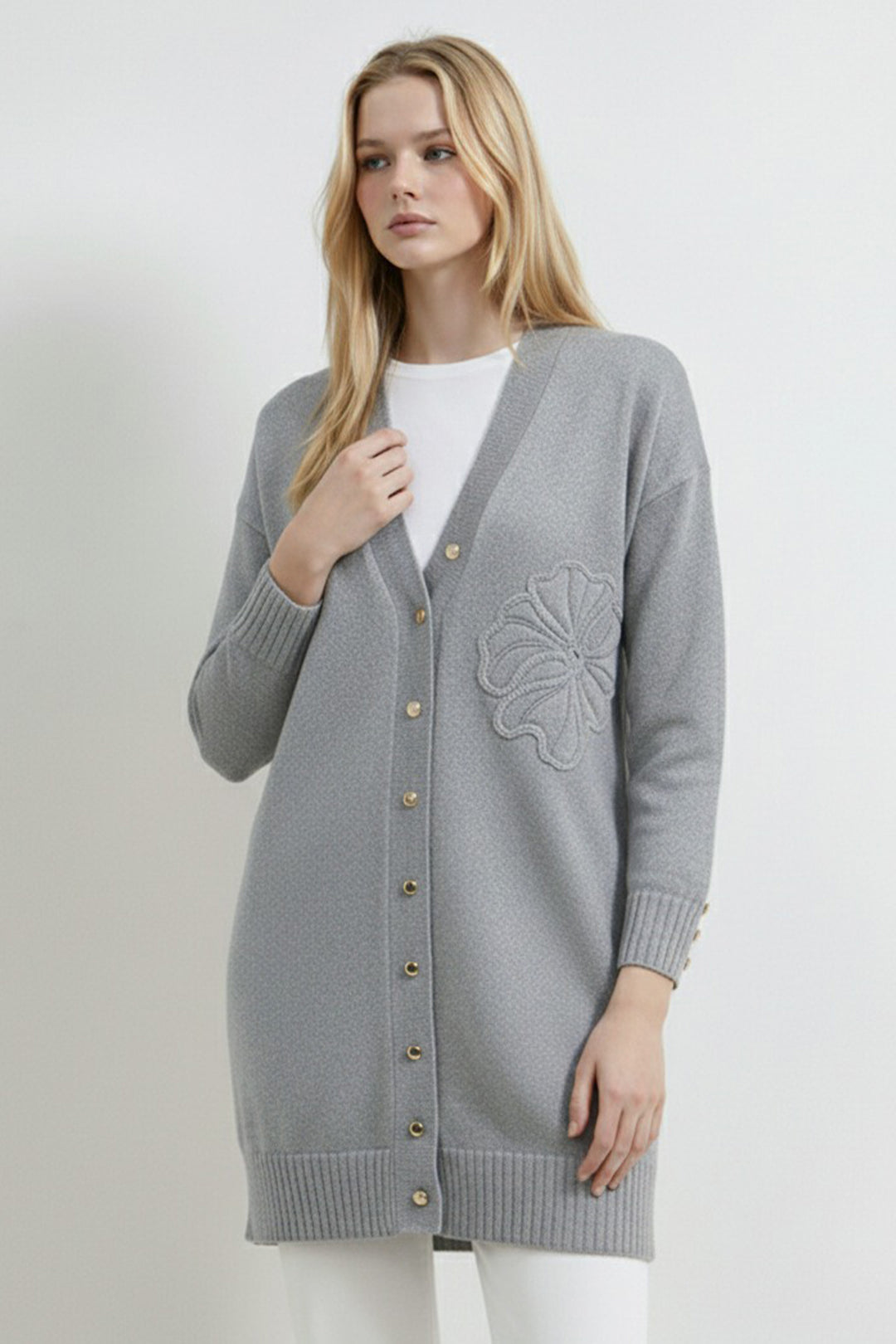 BNG Women Çiçek Desenli Hırka N3302 Gri - Yonkers
