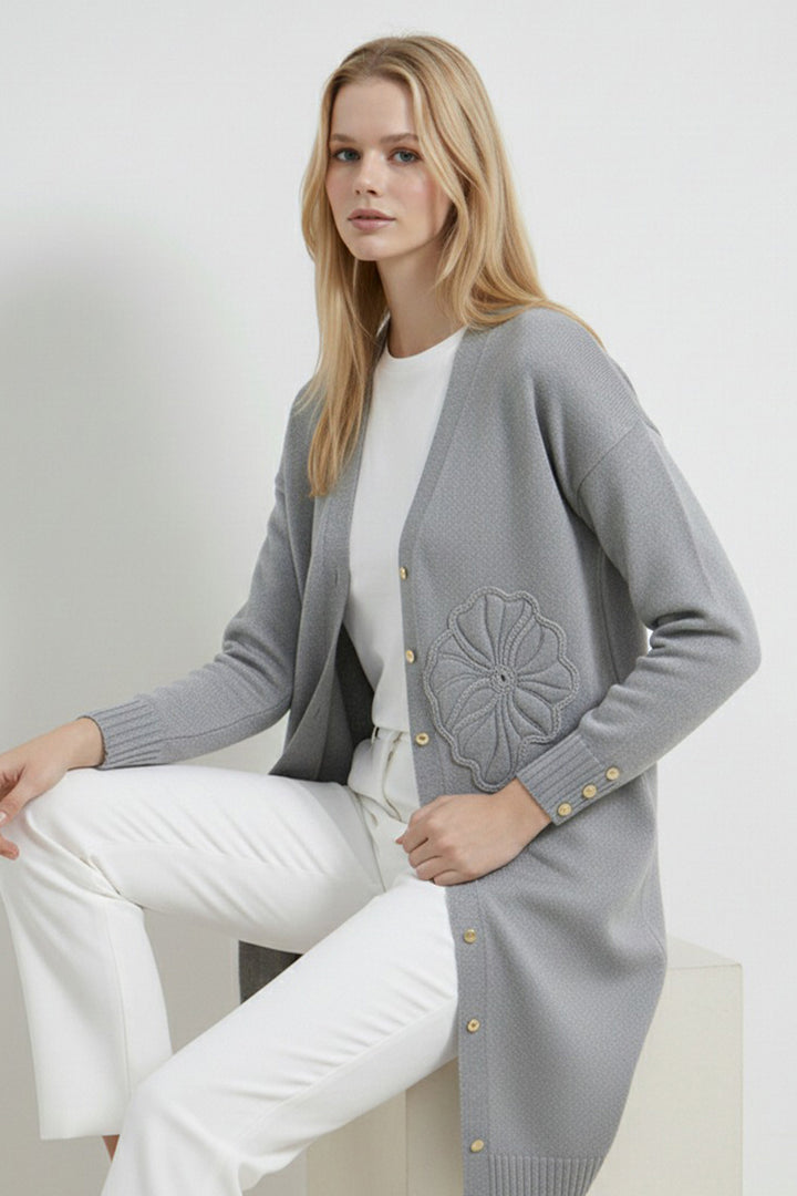 BNG Women Çiçek Desenli Hırka N3302 Gri - Yonkers