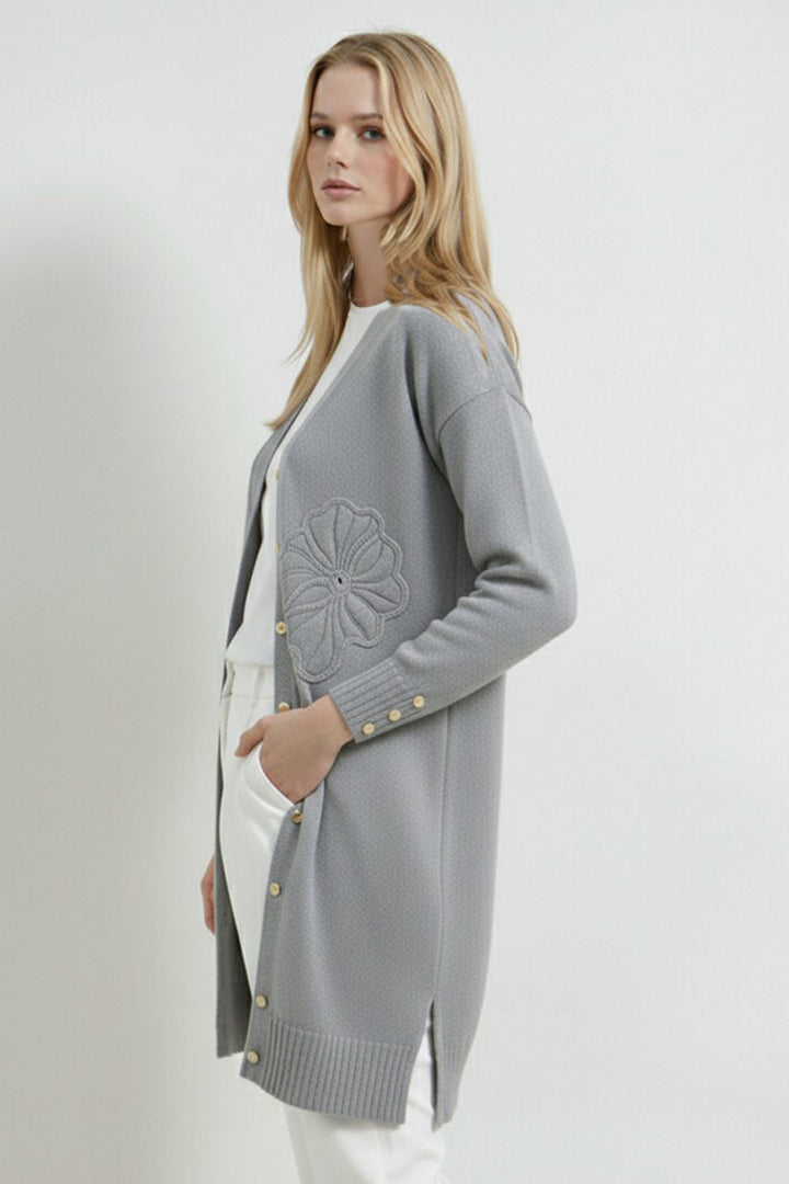 BNG Women Çiçek Desenli Hırka N3302 Gri - Yonkers