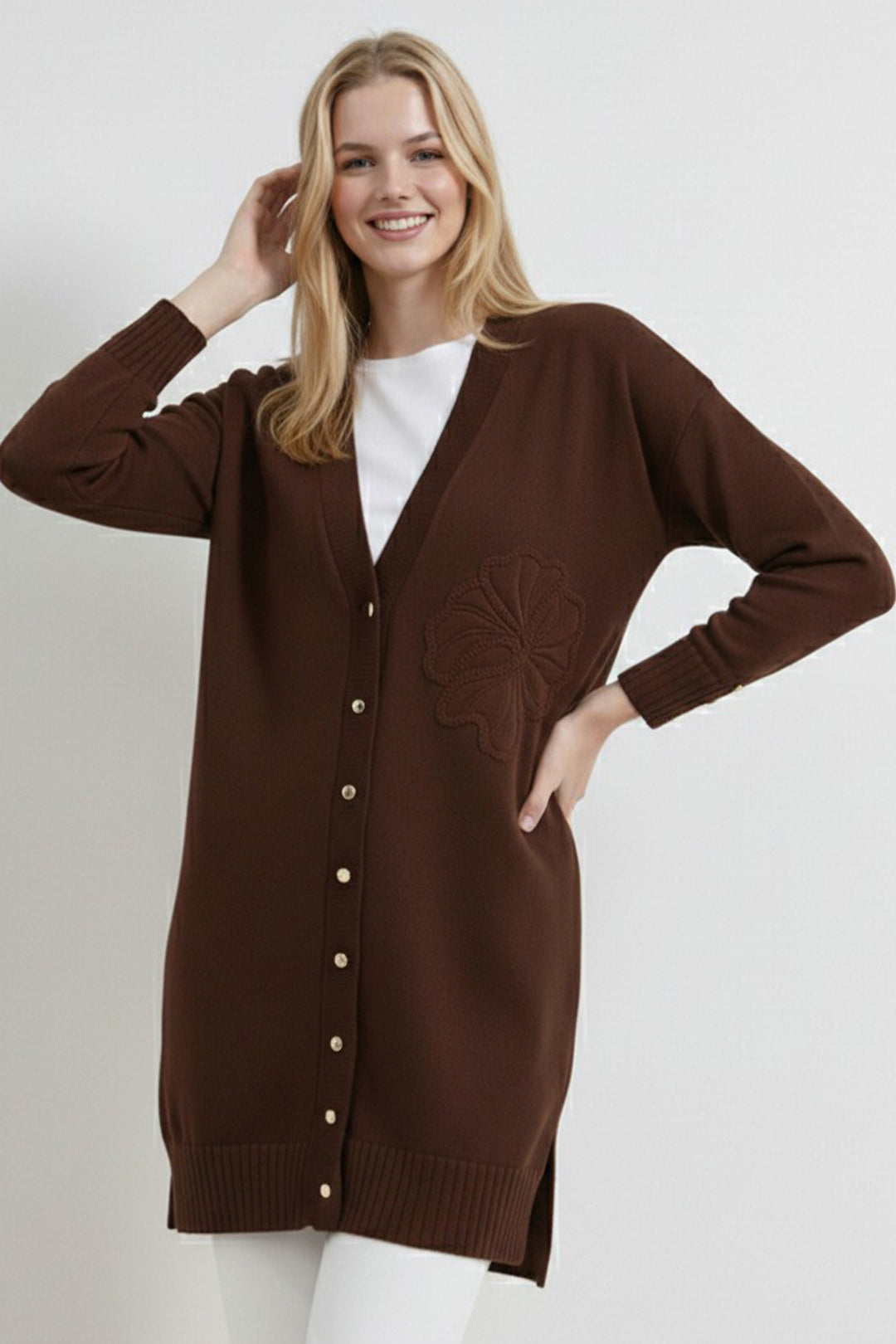BNG Women Çiçek Desenli Hırka N3302 Kahverengi - Stakhanov
