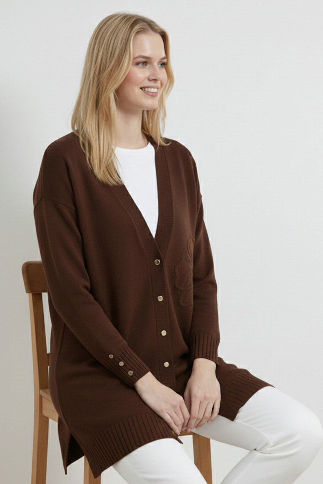 BNG Women Çiçek Desenli Hırka N3302 Kahverengi - Stakhanov