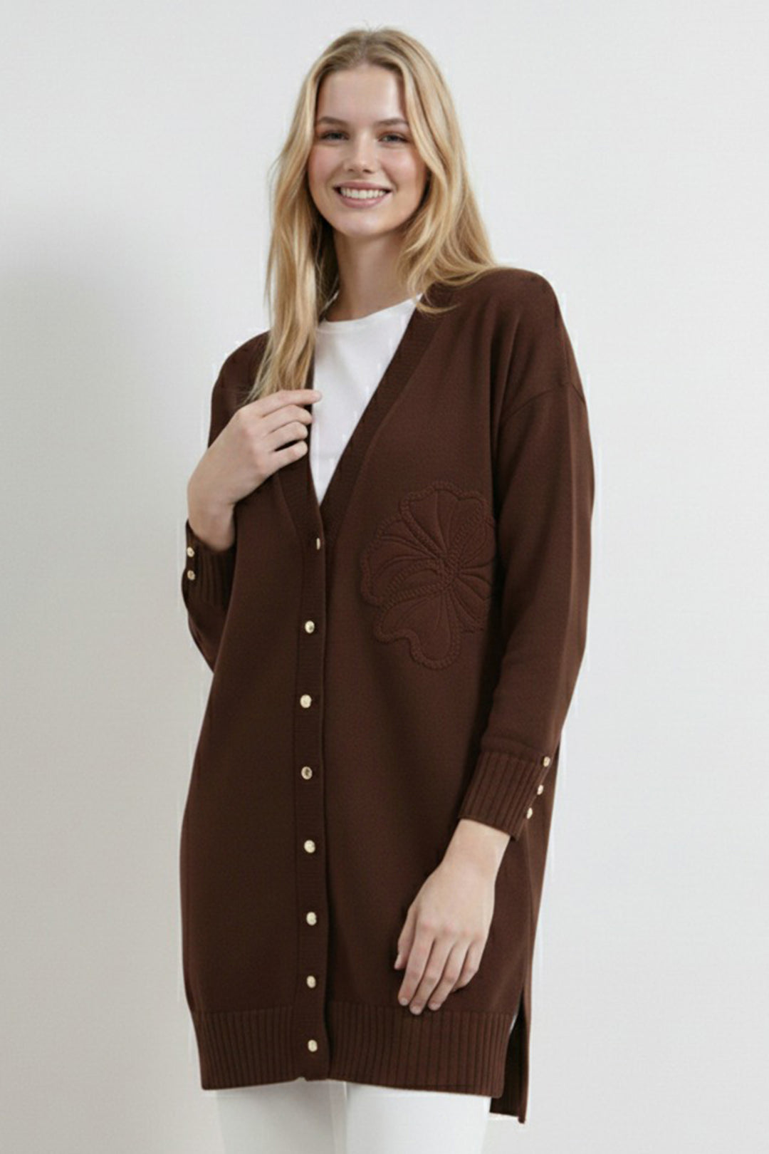 BNG Women Çiçek Desenli Hırka N3302 Kahverengi - Stakhanov