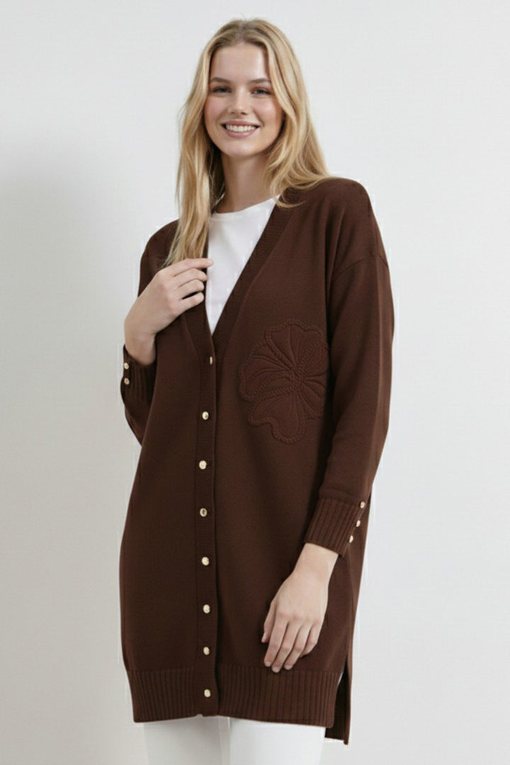 BNG Women Çiçek Desenli Hırka N3302 Kahverengi - Stakhanov
