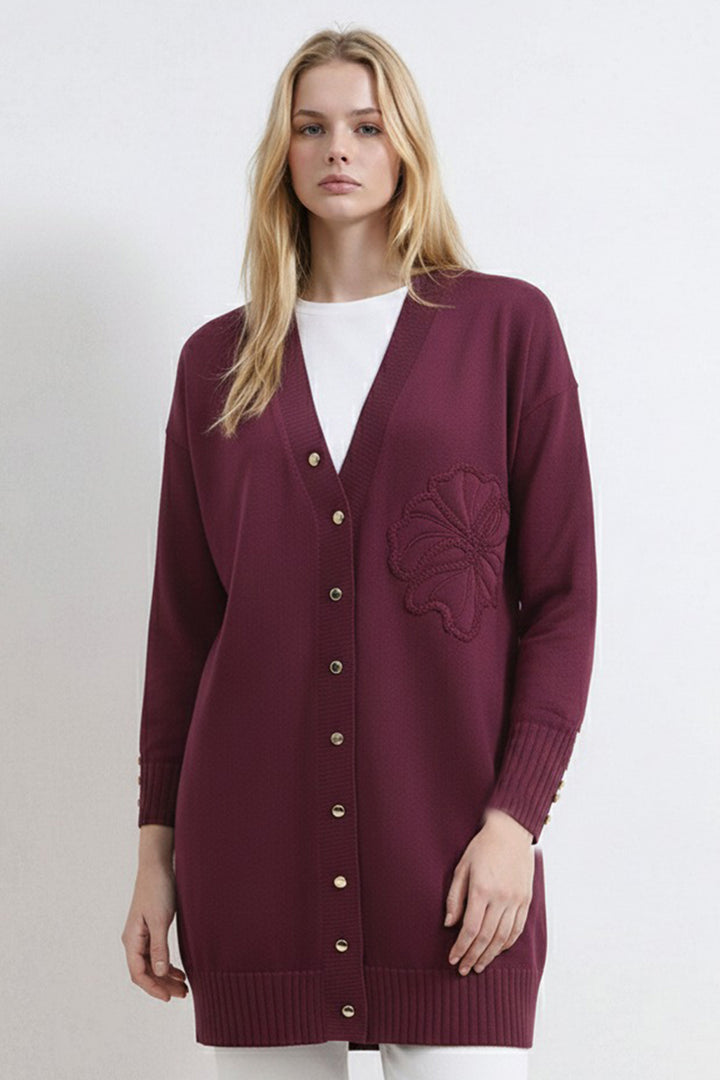 BNG Women Çiçek Desenli Hırka N3302 Mürdüm - Sérres