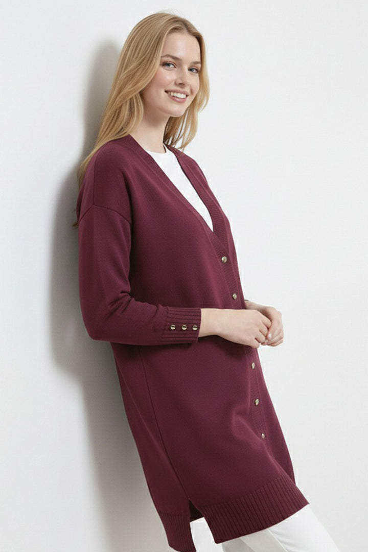 BNG Women Çiçek Desenli Hırka N3302 Mürdüm - Sérres