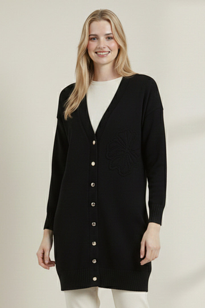 BNG Women Çiçek Desenli Hırka N3302 Siyah - Cassino