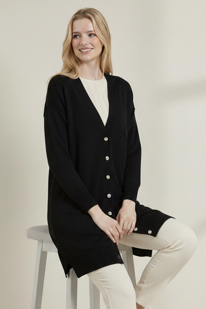 BNG Women Çiçek Desenli Hırka N3302 Siyah - Cassino