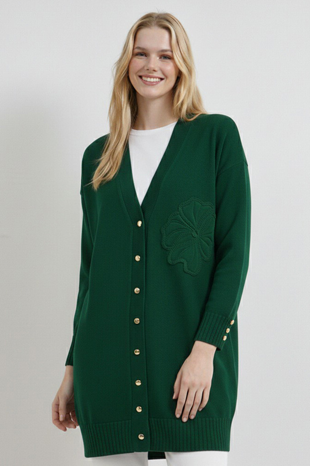 BNG Women Çiçek Desenli Hırka N3302 Zümrüt Yeşili - Elkhart