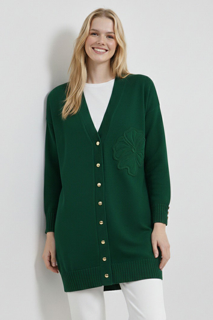 BNG Women Çiçek Desenli Hırka N3302 Zümrüt Yeşili - Elkhart
