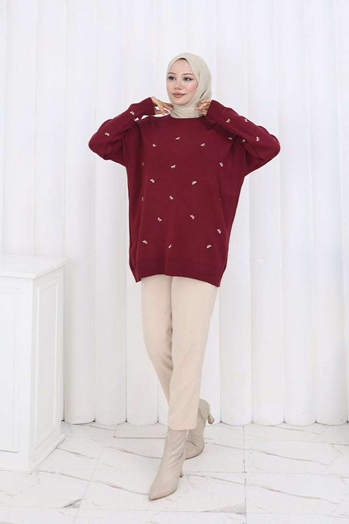 BNG Women Bow Patterned Sweater N3251 Burgundy - Weston-super-Mare