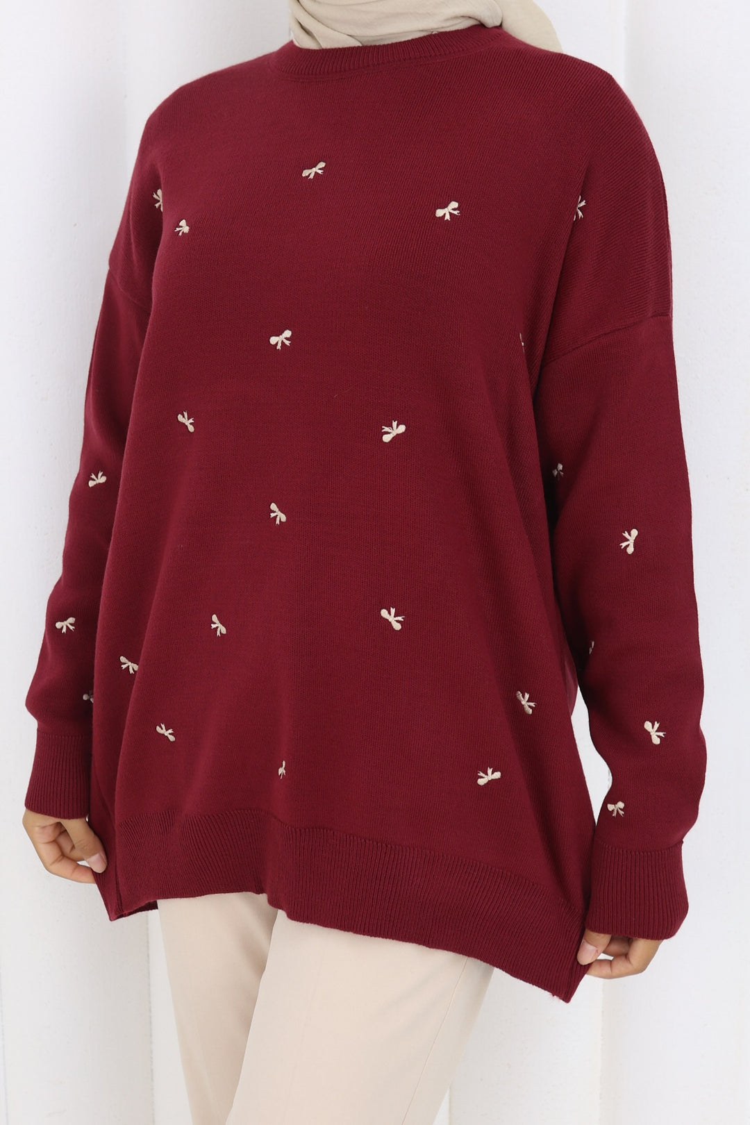 BNG Women Bow Patterned Sweater N3251 Burgundy - Weston-super-Mare