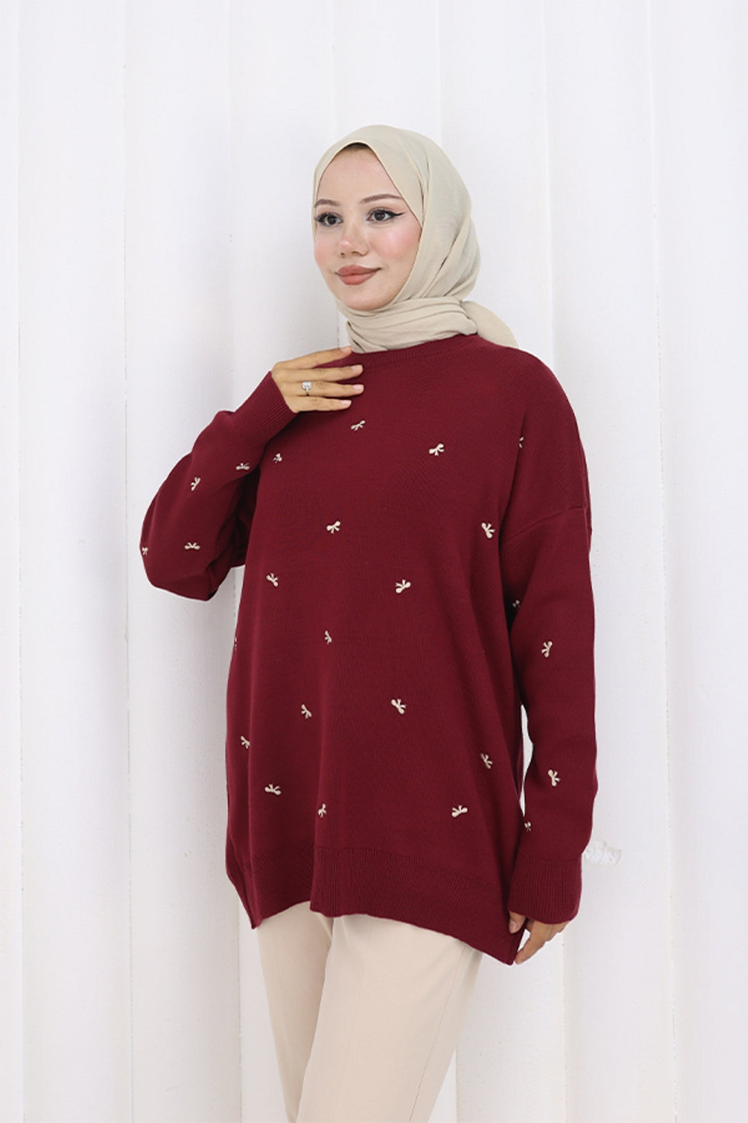 BNG Women Bow Patterned Sweater N3251 Burgundy - Weston-super-Mare