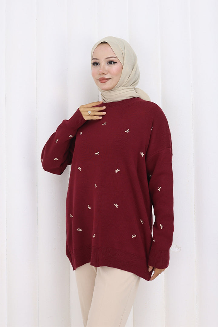 BNG Women Bow Patterned Sweater N3251 Burgundy - Weston-super-Mare