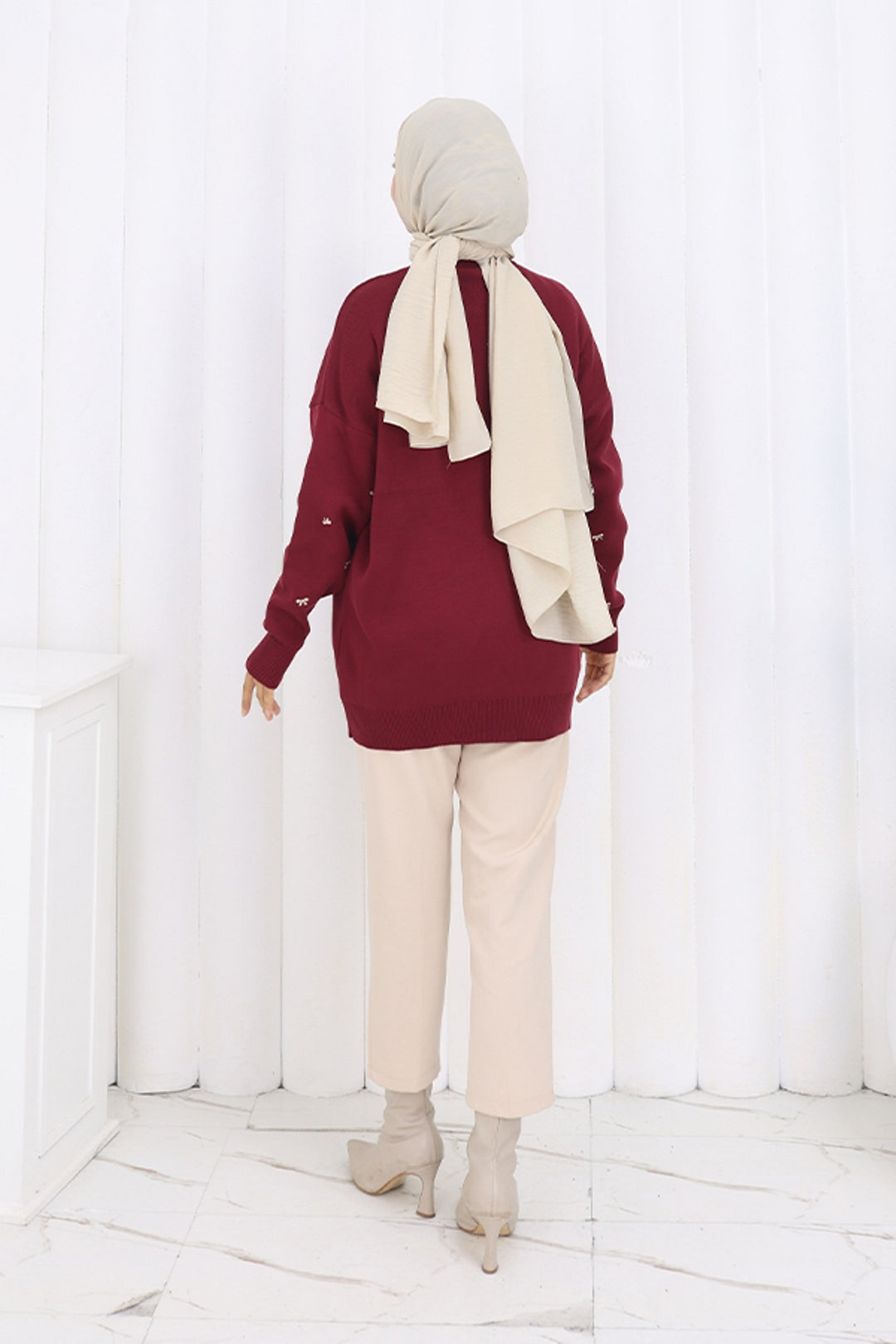 BNG Women Bow Patterned Sweater N3251 Burgundy - Weston-super-Mare