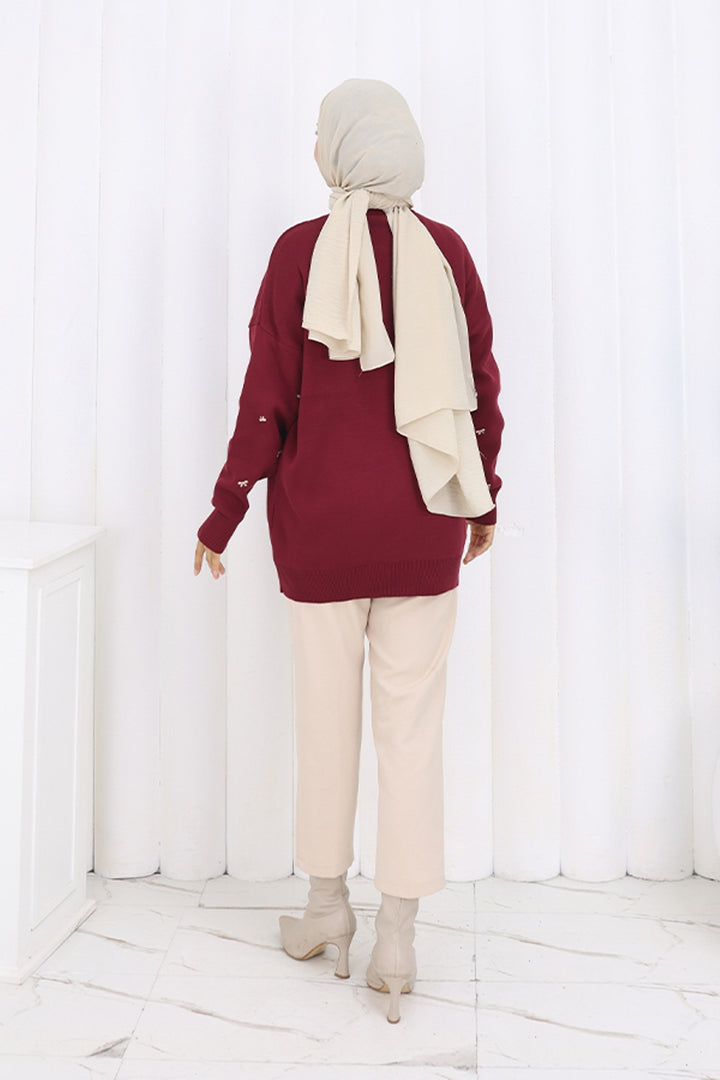 BNG Women Bow Patterned Sweater N3251 Burgundy - Weston-super-Mare