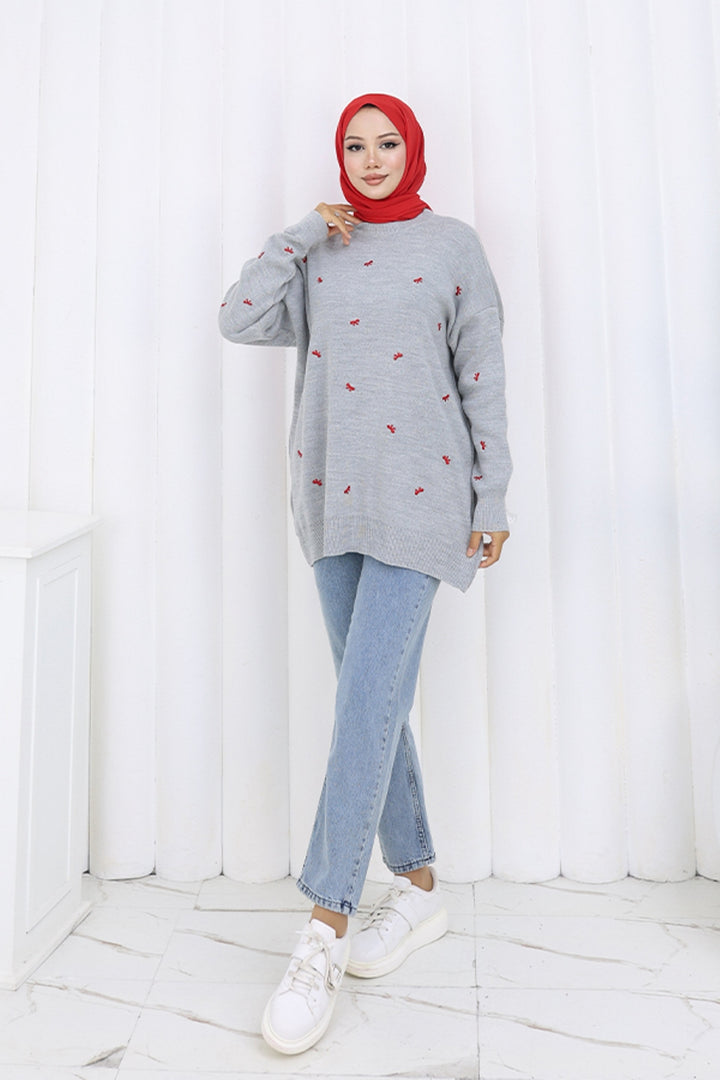 BNG Women Fiyonk Desenli Triko Kazak N3251 Gri - Kaiserslautern