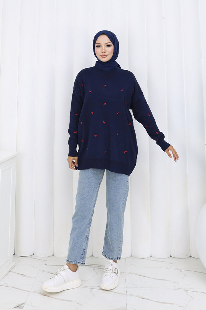 BNG Women Bow Patterned Sweater N3251 Navy - West Palm Beach