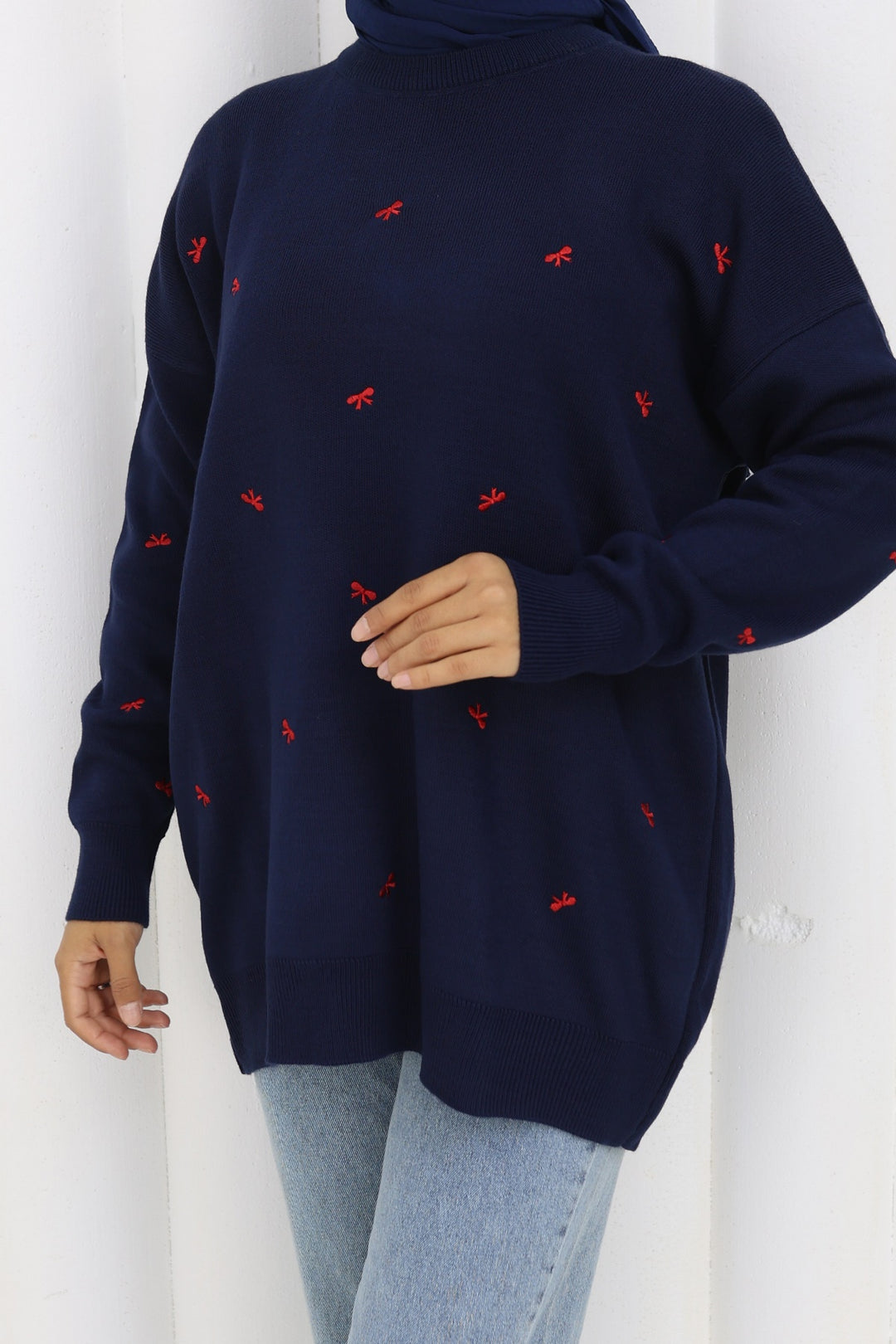 BNG Women Bow Patterned Sweater N3251 Navy - West Palm Beach
