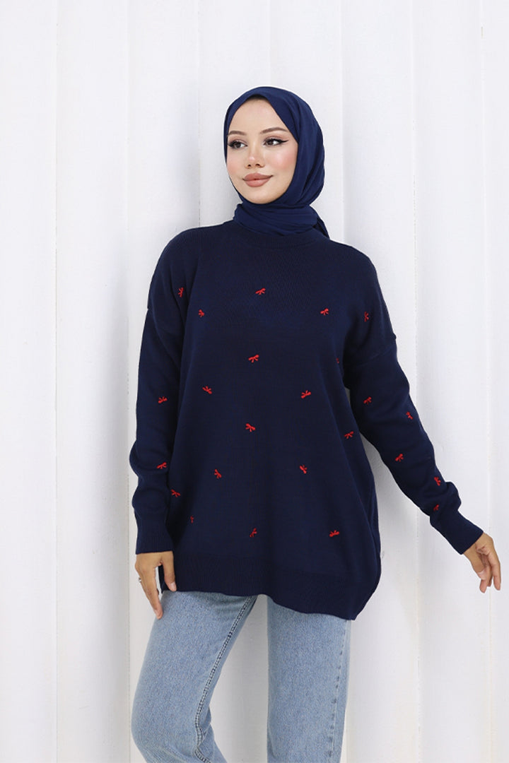 BNG Women Bow Patterned Sweater N3251 Navy - West Palm Beach