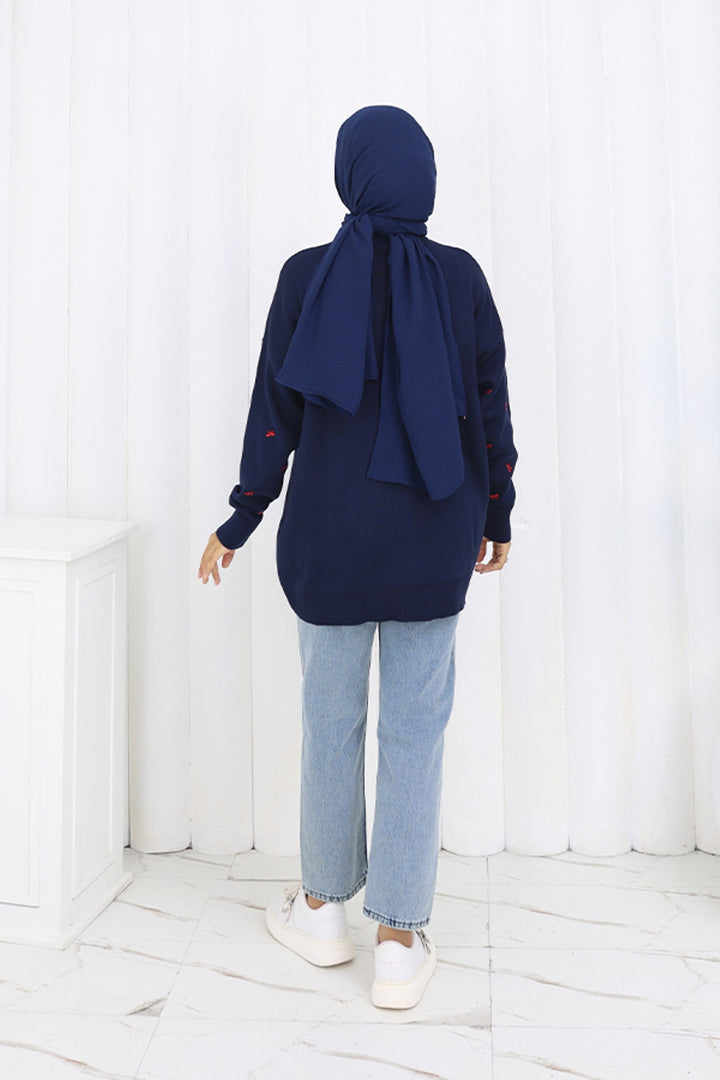 BNG Women Bow Patterned Sweater N3251 Navy - West Palm Beach