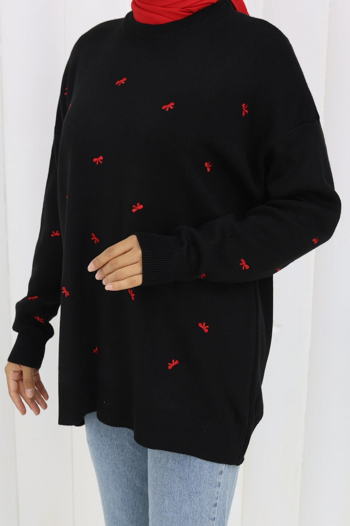 BNG Women Bow Patterned Sweater N3251 Black - Welwyn Garden City