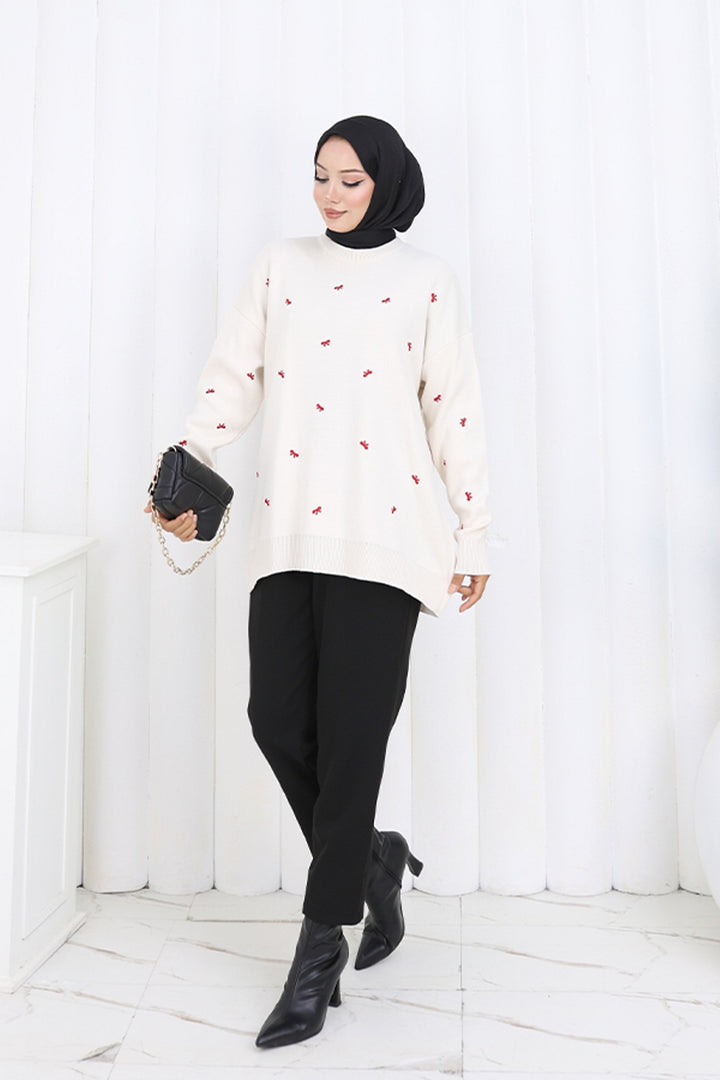 BNG Women Fiyonk Desenli Triko Kazak N3251 Taş Rengi - Muncie