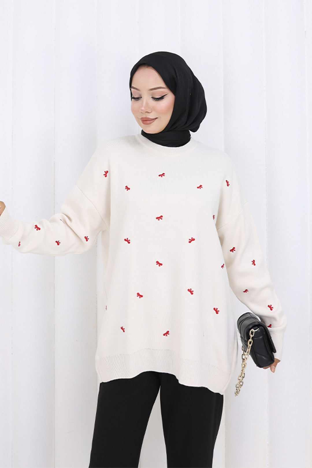 BNG Women Fiyonk Desenli Triko Kazak N3251 Taş Rengi - Muncie