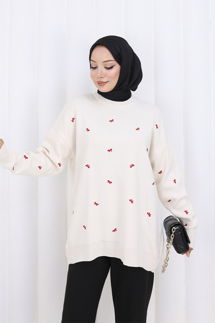 BNG Women Fiyonk Desenli Triko Kazak N3251 Taş Rengi - Muncie