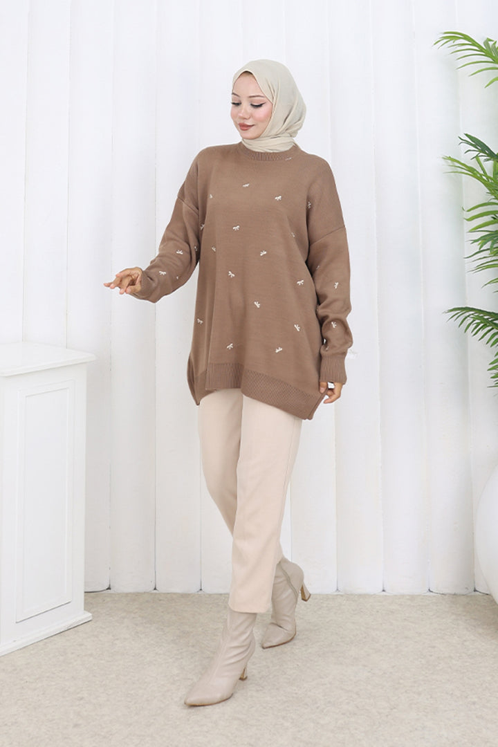 BNG Women Bow Patterned Sweater N3251 Mink - Carson