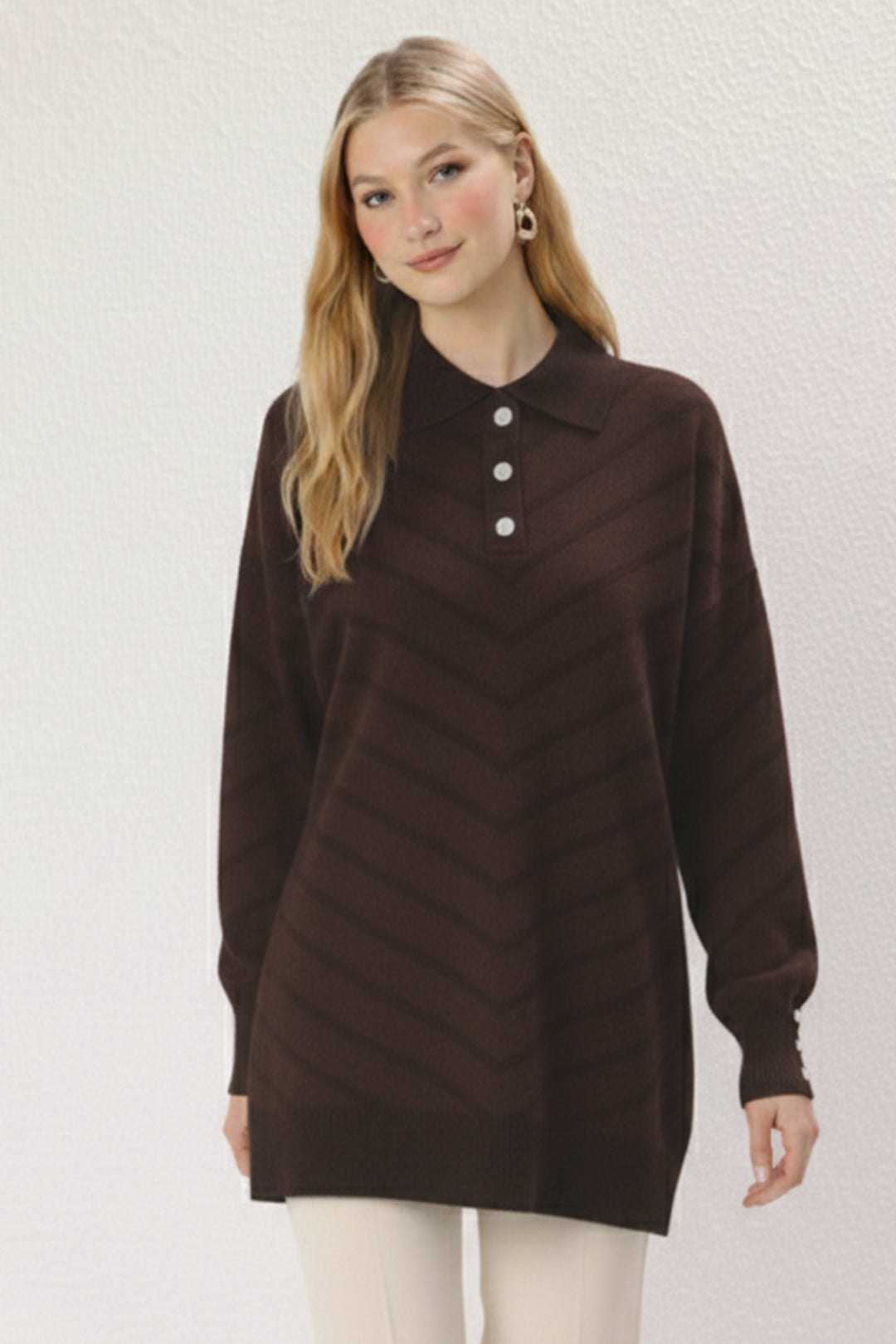 BNG Women Desenli Tesettür Tunik N3304 Kahverengi - Ródos