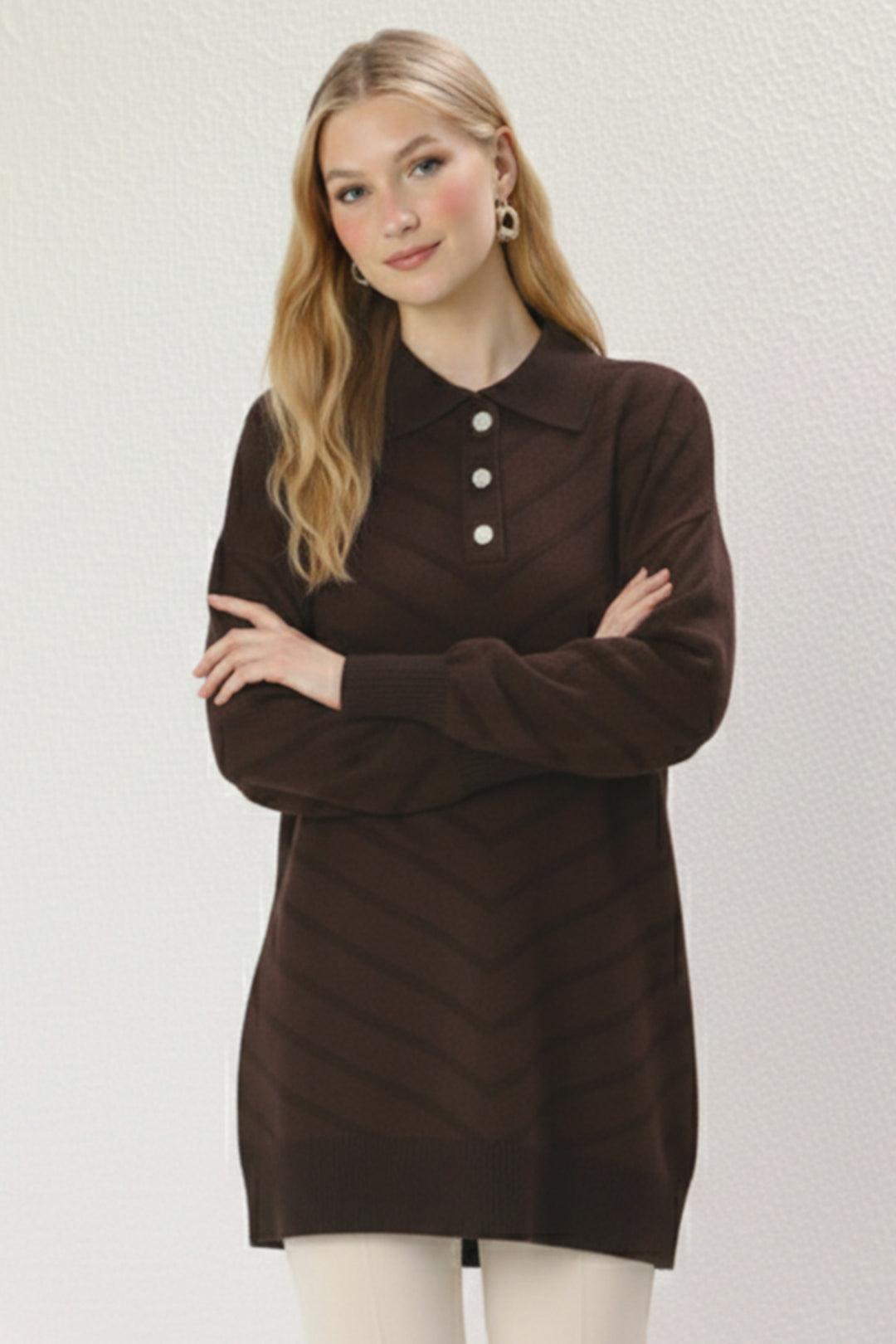 BNG Women Desenli Tesettür Tunik N3304 Kahverengi - Ródos