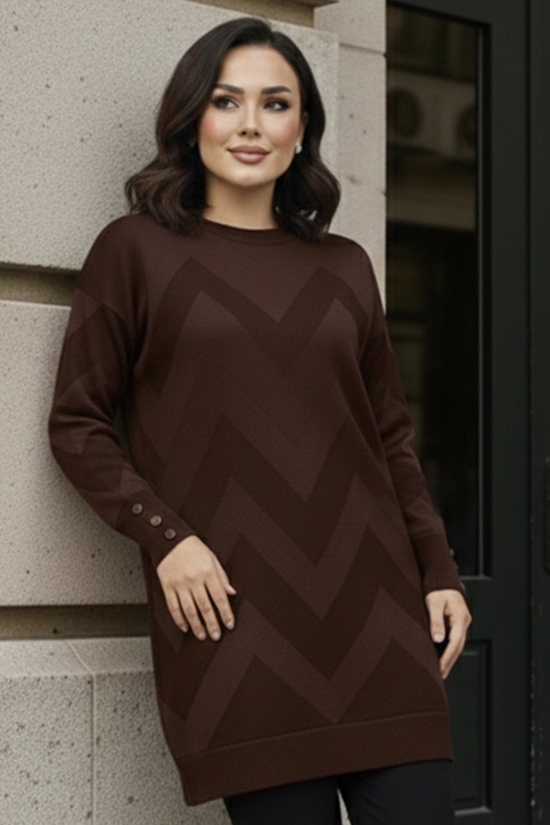 BNG Women Desenli Tunik N3183 Kahverengi - Caguas