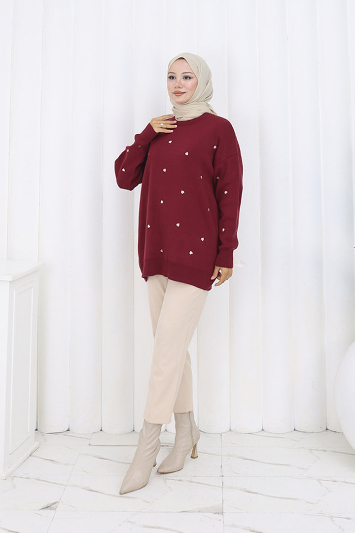 BNG Women Kalp Nakışlı Triko Kazak N3253 Bordo - Centreville