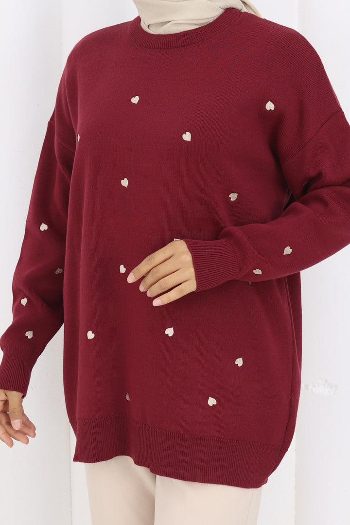 BNG Women Kalp Nakışlı Triko Kazak N3253 Bordo - Centreville