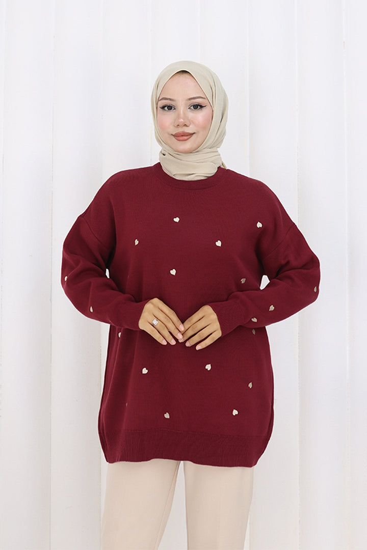 BNG Women Kalp Nakışlı Triko Kazak N3253 Bordo - Centreville